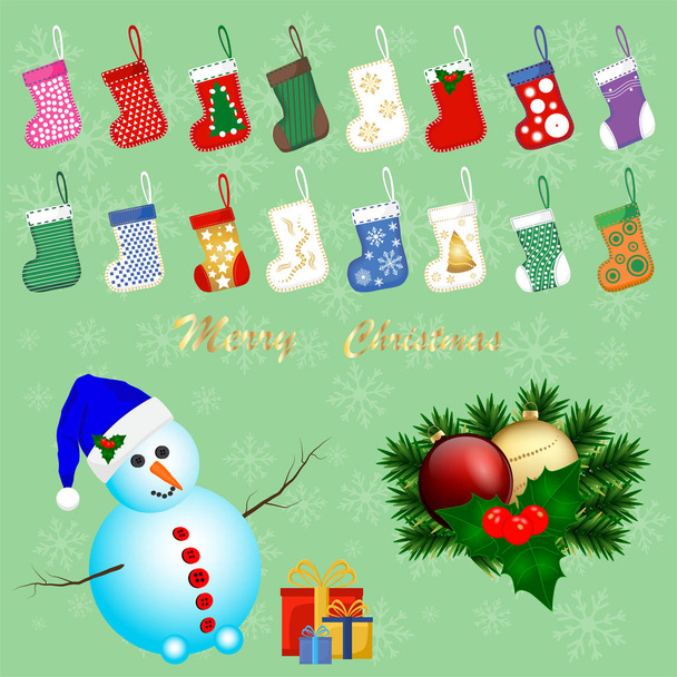 Illustration for theme big colored set different types of baby socks, snowman with buttons. Snowman design consisting of collection kids sock on background. Sock is main accessory for holiday snowman. - Vector, Image