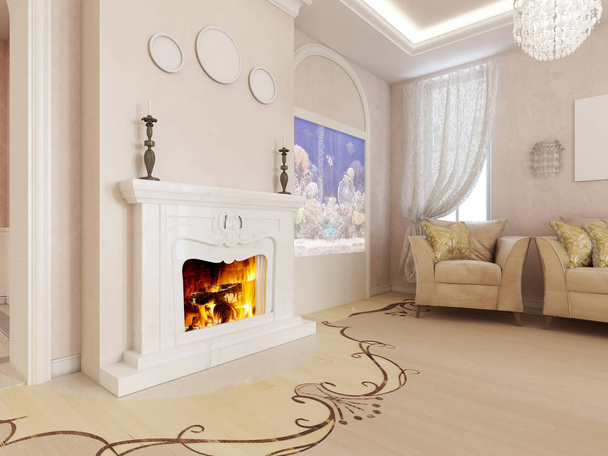 Lichte woonkamer in licht klassieke stijl met art deco elementen, met een eettafel bij het raam. 3D-rendering - Foto, afbeelding
