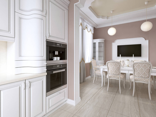 Küche-Esszimmer im klassischen Stil, in Postel-Farben mit weißen Küchenmöbeln und Einbaugeräten. 3D-Darstellung. - Foto, Bild