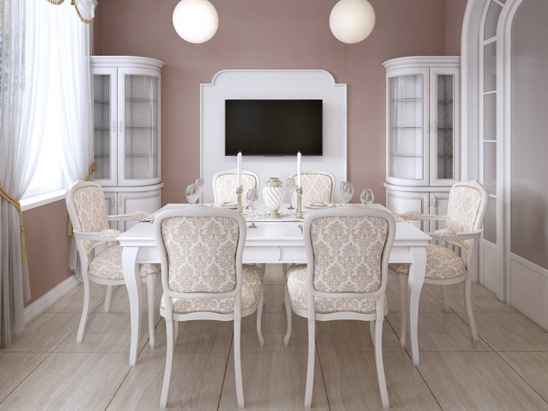 Dining room with white table and chairs for six people with two sideboards and a TV. 3D rendering. - Foto, immagini