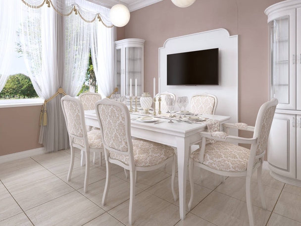 Jadalnia z biały stół i krzesła dla sześciu osób z dwoma burtami i renderowania 3d Tv.. - Zdjęcie, obraz