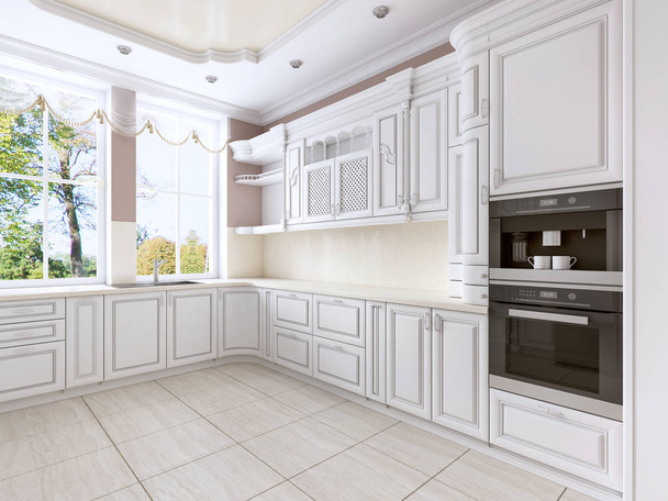 Роскошная белая кухня в классическом стиле со встроенной техникой и большим окном. 3D рендеринг
 - Фото, изображение