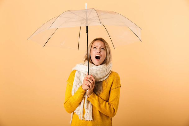 Photo of a screaming shocked woman wearing scarf holding umbrella posing isolated over yellow wall background. - Valokuva, kuva