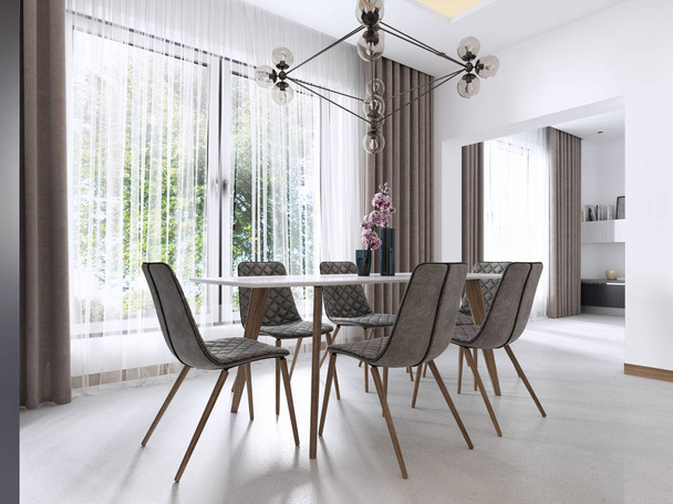 Comedor de estilo contemporáneo con sillas modernas y una mesa junto al gran ventanal. Renderizado 3D
. - Foto, Imagen