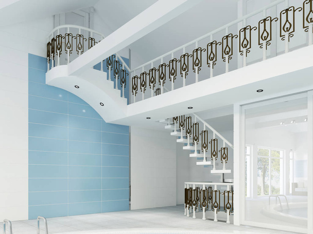 Białe schody Poręcze kute w basenie. renderowania 3D. - Zdjęcie, obraz