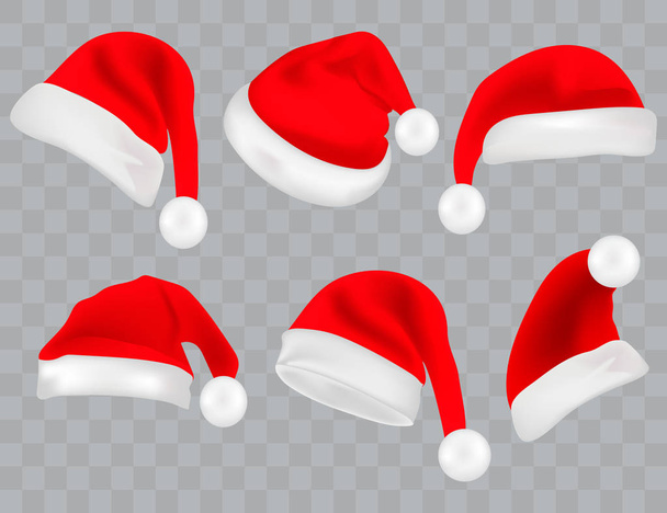 Grote reeks van realistische Santa hoeden geïsoleerd op transparante achtergrond. Vector Kerstman hoed colllection, vakantie GLB xmas afbeelding - Vector, afbeelding