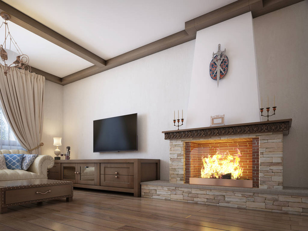Obývací pokoj v rustikálním stylu s měkký nábytek a velké ohniště s klasickými prvky. 3D vykreslování. - Fotografie, Obrázek