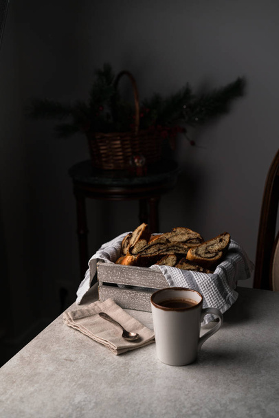 breakfast, food, black coffee and chocolate bread - Foto, imagen