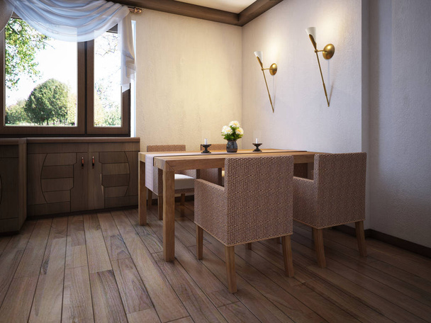 Cozinha estilo rústico com uma mesa de jantar e móveis de madeira. Renderização 3D
. - Foto, Imagem
