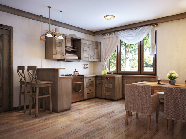 Kuchyně rustikální jídelní stůl s dřevěným nábytkem. 3D vykreslování. - Fotografie, Obrázek