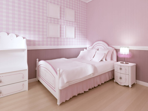 Ein weißes Kinderbett in klassischem Interieur für ein Teenager-Mädchen in Pastellfarben. 3D-Darstellung. - Foto, Bild