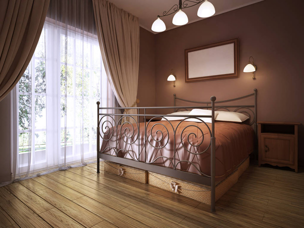 Una camera da letto marrone scuro in stile rustico con camino con letto in ferro battuto. Rendering 3D
. - Foto, immagini