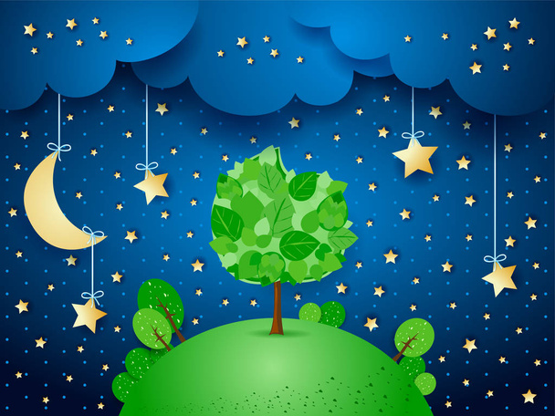 Surreal night with hanging stars and big tree, vector illustration eps10 - Vector, Image