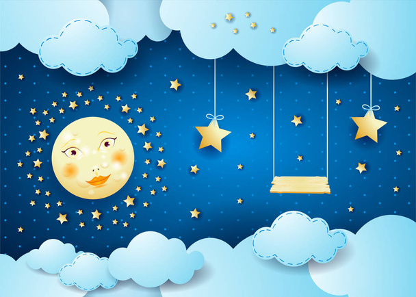Surrealistyczne nocy przy pełni księżyca, wiszące gwiazd i huśtawka. Wektor ilustracja eps10 - Wektor, obraz