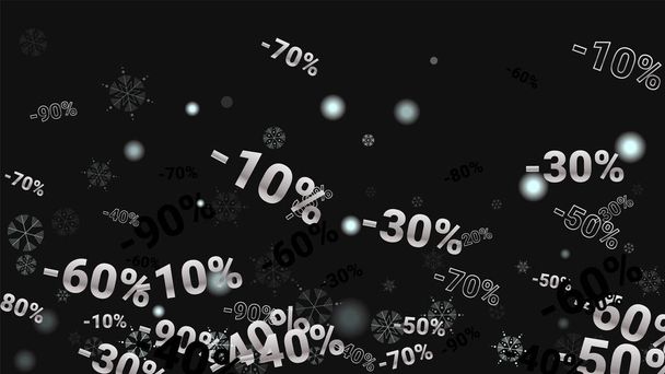 Percent Sings on Dark Background. Black Poster with Silver Percent Sings and Snowflakes. Vector Discount Sale Background. - Vector, Image
