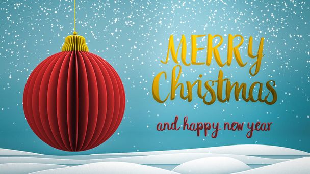 κόκκινα και χρυσά Χριστούγεννα δέντρο μπάλα διακόσμησης καλά Χριστούγεννα και Ευτυχισμένο το νέο έτος ευχετήρια μήνυμα στα Αγγλικά σε μπλε φόντο, νιφάδες χιονιού. Κομψό ξενοδοχείο holiday σεζόν κοινωνική θέση ψηφιακή κάρτα   - Φωτογραφία, εικόνα
