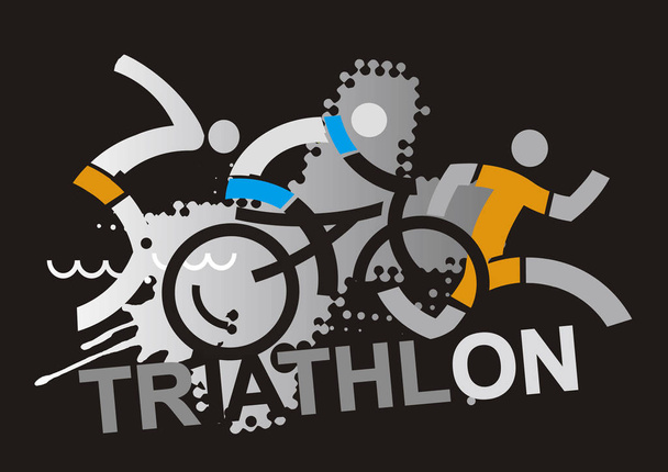 Triatlón Racers, abstracto estilizado. Tres atletas estilizados abstractos del triatlón en el fondo negro con la inscripción TRIATHLON. Vector disponible
.  - Vector, Imagen