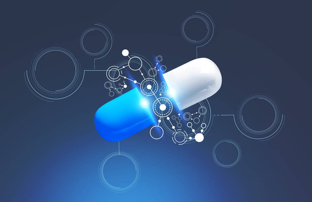 Blue and white pill inside immersive interface over dark blue background. Concept of hi tech in medicine. 3d rendering toned image - Foto, Imagem