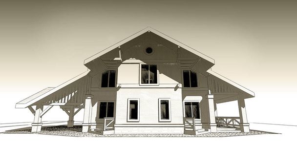 modern özel bina dış cephe tasarımı 3D kalem kroki çizimi. Eski kağıt veya sepya etkisi - Fotoğraf, Görsel