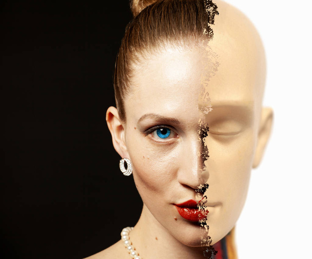Portrait of half woman's face transformed is human head anatomy model - Фото, изображение