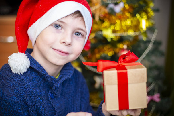 Το αγόρι με το καπέλο του Άγιου Βασίλη στο χριστουγεννιάτικο δέντρο - Φωτογραφία, εικόνα