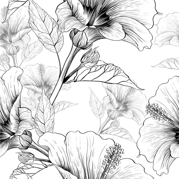 Vector. Hibiscus - flowers and buds. Seamless background pattern. Perfume and cosmetic plants. Wallpaper. Decorative composition. Use printed materials, signs, posters, postcards, packaging. - Vector, Image