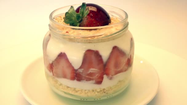 Strawberry Dessert in Jar a Table Video. - Footage, Video