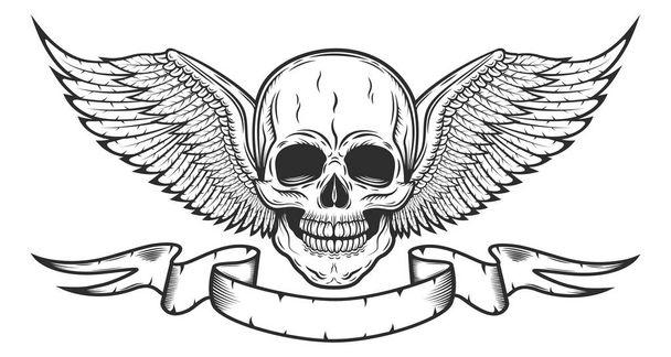 Винтажный монохромный шаблон логотипа с черепом и орлиными крыльями с изолированной векторной иллюстрацией ленты
 - Вектор,изображение