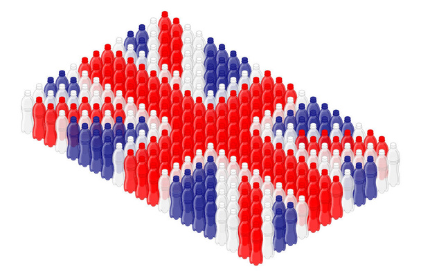 Isometrische drank plastic fles in rij, Verenigd Koninkrijk-vlag vorm concept ontwerp illustratie geïsoleerd op een witte achtergrond, bewerkbare beroerte - Vector, afbeelding