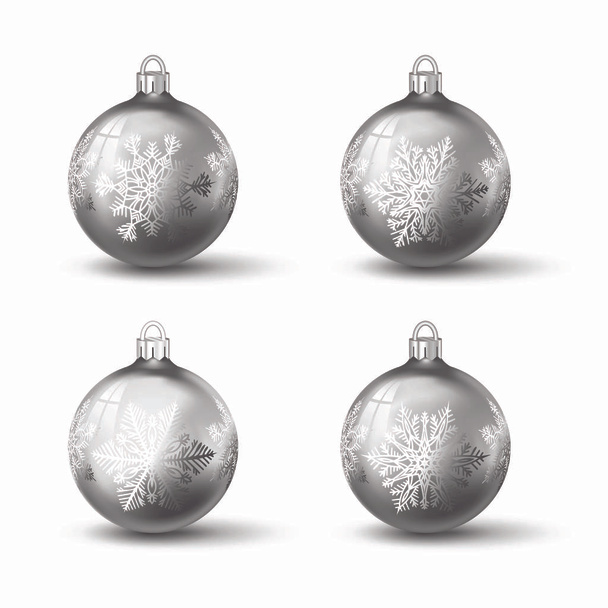Boules de Noël en chrome blanc avec différents ornements de flocon de neige dessus. Ensemble de boules de verre réalistes isolées. Illustration vectorielle pour votre design
. - Vecteur, image