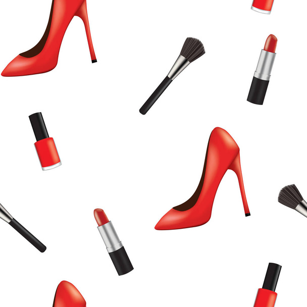 Seamless pattern with woman shoe and makeup, vector - Vector, Image