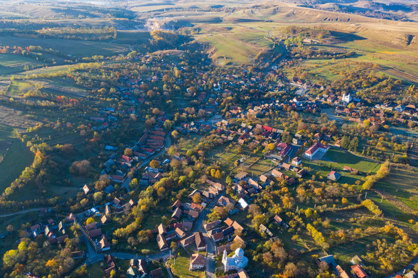 Aerial top drone view of countryside village in Transylvania, Romania - Fotoğraf, Görsel