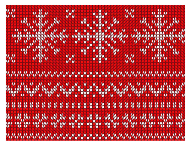 Gestricktes endloses Muster weißer Schneeflocken auf rotem Hintergrund. irischen Mustern. Jacquard. Vektorillustration - Vektor, Bild
