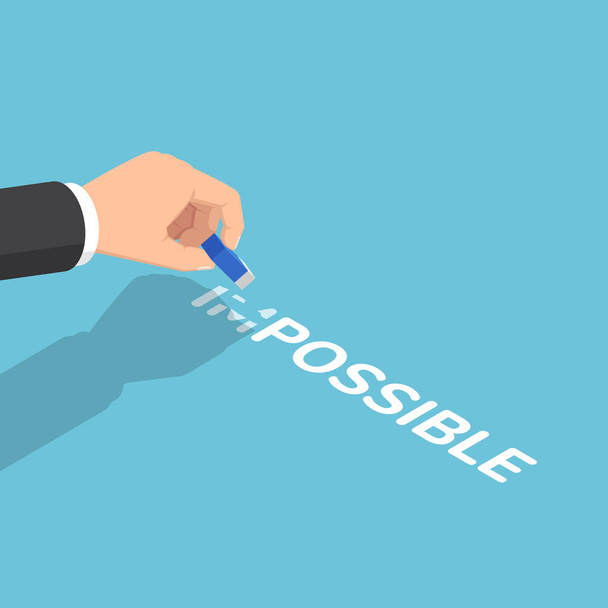 Flat 3d isometric businessman hand changing the word impossible to possible by eraser. Business solution and motivation concept. - Vector, Image
