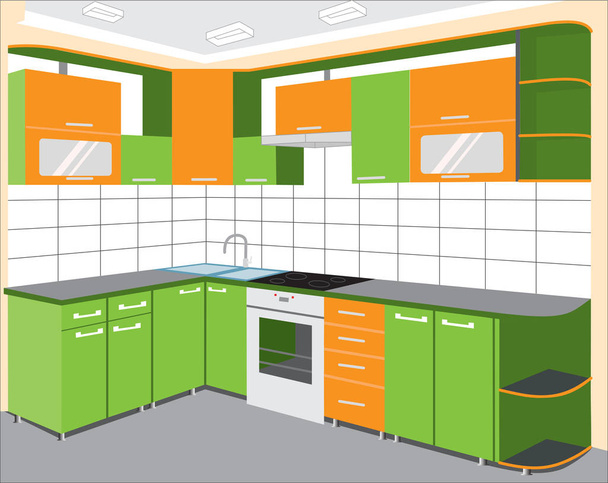 Ilustração vetorial do interior da cozinha. Home acolhedor design de cozinha com fogão, gavetas, pia e prateleiras em cores laranja e verde
. - Vetor, Imagem
