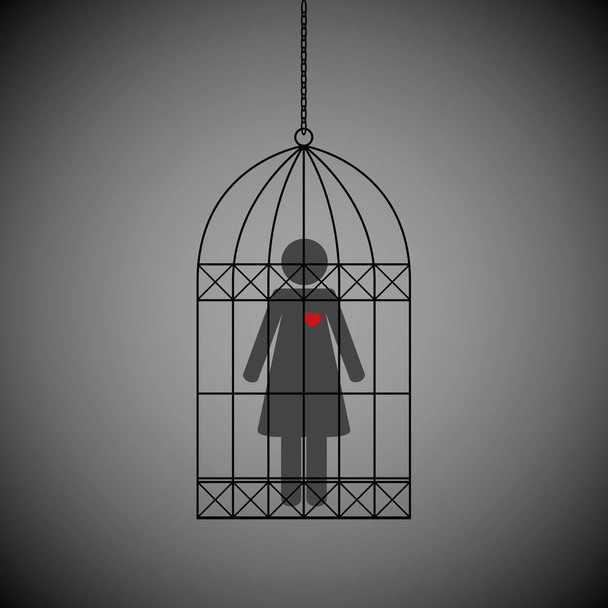 woman with red heart in a cage on dark background - Vector, Image