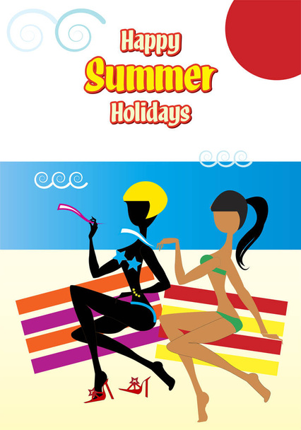Kadın erkek arkadaşları onların mendiller sıcak yaz güneşi altında ile selamlayan kırmızı ve sarı çizgili plaj havlusu. Mutlu yaz tatili - Vektör, Görsel