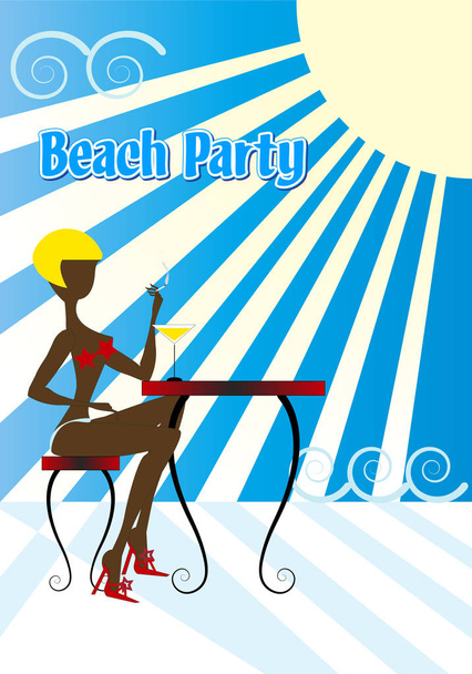 Young blond woman with red shoes sitting at a table in a bar close to the sea, smoking a cigarette and drinking a fresh cocktail while waiting her boyfriend. Beach party. - Vector, Imagen
