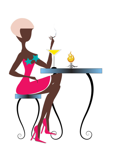 A blond woman in red dress and red shoes, sitting at a table, smoking cigarettes and drinking cocktails is waiting to her boyfriend during the New Year party - Vector, Image