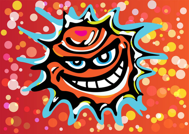 Um sol irritado laranja ruim está rindo em um céu colorido cheio de bolhas de confete. Uma longa exposição ao sol pode causar várias doenças ou doenças e câncer
. - Vetor, Imagem