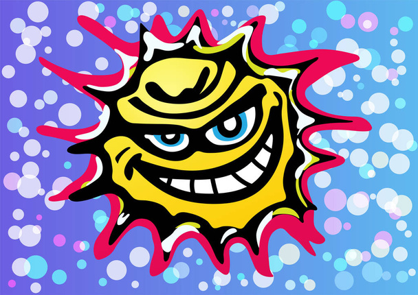 Погане жовте сердите сонце сміється в барвистому небі, повне бульбашок конфетті. Тривалий вплив сонця може спричинити різні хвороби, хвороби та рак
. - Вектор, зображення