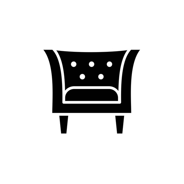 Schwarzweiß-Vektorillustration eines Vintage-Ledersessels mit hoher Rückenlehne. flache Ikone des Sesselsitzes. Polstermöbel für Wohnzimmer und Schlafzimmer. isoliertes Objekt auf weißem Hintergrund  - Vektor, Bild