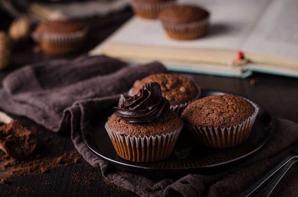 Chocolate muffins photography, vintage food photography, delish dessert - Foto, Imagen