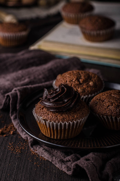 Chocolate muffins photography, vintage food photography, delish dessert - Фото, изображение