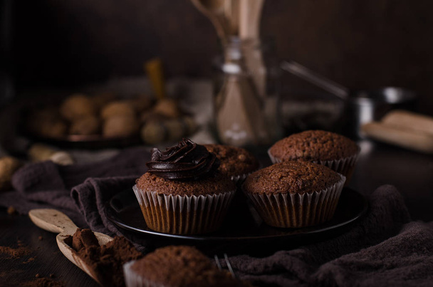 Chocolate muffins photography, vintage food photography, delish dessert - Fotoğraf, Görsel