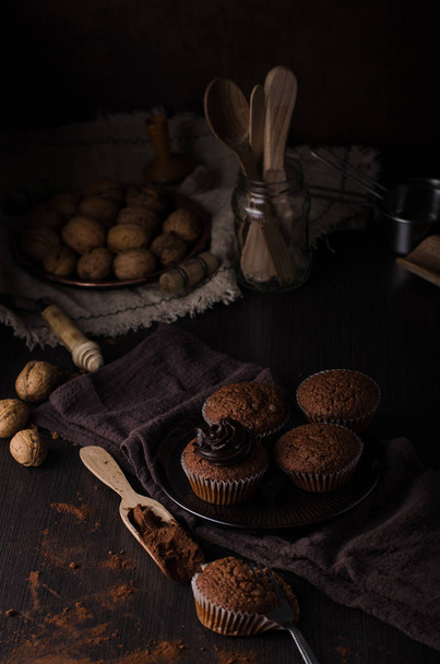 Chocolate muffins photography, vintage food photography, delish dessert - Photo, Image