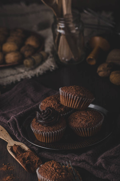 Chocolate muffins photography, vintage food photography, delish dessert - Foto, Imagem