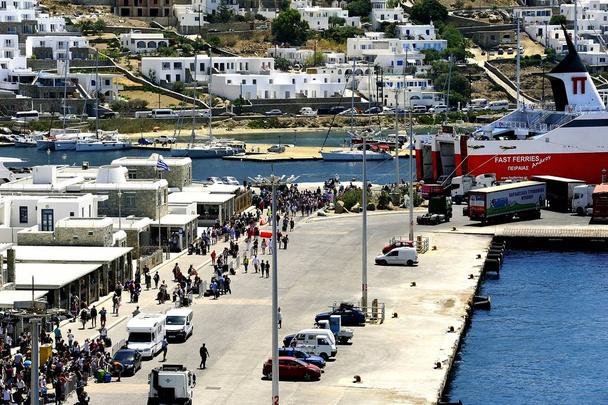 Port of Mykonos, Greece - 6th July 18;Queuing for the ferry - Photo, Image