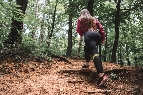 Full length shot young sporty girl overcomes steep climbs on training in the forest. Back view of a confident female athlete climbing a forest trail. - Foto, Imagem