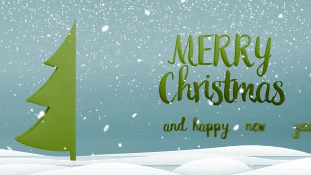 グリーン クリスマス ツリー メリー クリスマスと幸せな新年挨拶英語で青い背景、雪の結晶に。エレガントなアニメーション ホリデー シーズン社会デジタル カード 4 k のビデオを投稿します。 - 映像、動画